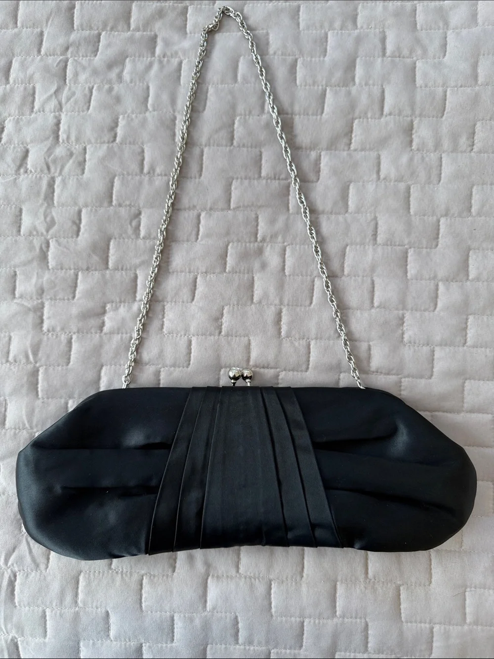 White House Black Market Black Satin Clutch with Silver Chain - Picture 1 of 6